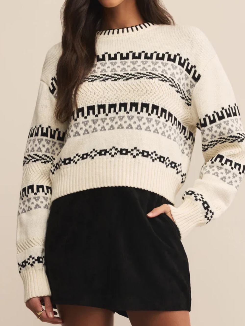 Z Supply Perci Fair Isle Crew Neck Sweater X Small Crystal Creme Black Gray